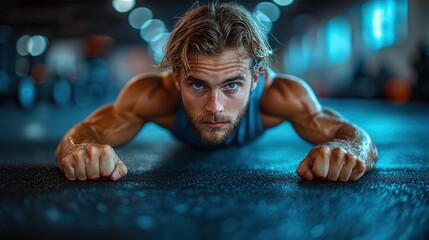 Man doing push-ups in a gym.