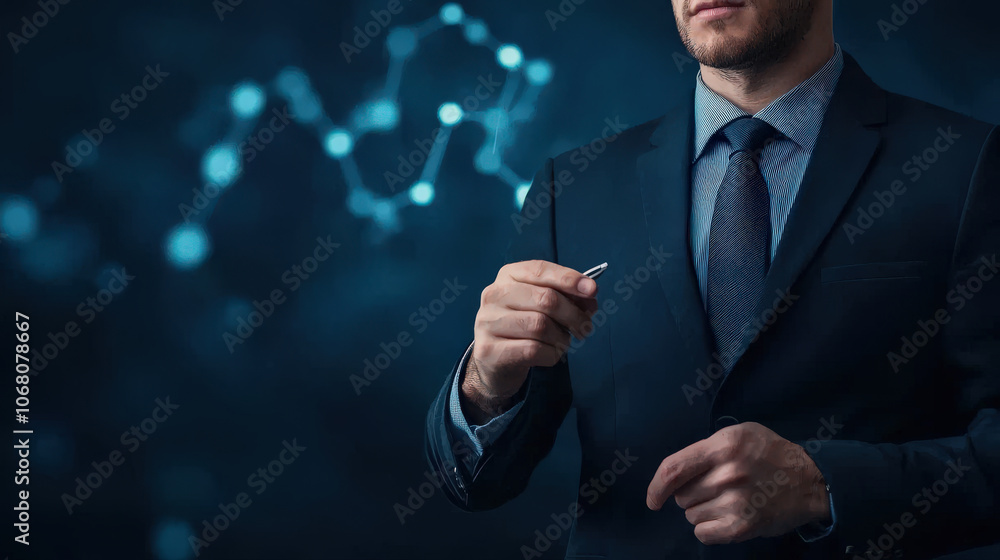 Poster businessman analyzing data with pen, dressed in suit, against dark background with abstract patterns