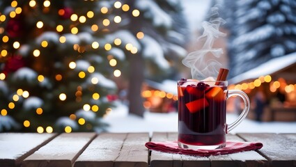 Christmas mulled red wine with spices and citrus fruits on a wooden rustic table, copy space....