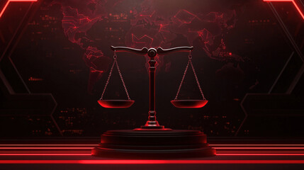 Digital scales of justice illuminated in red, symbolizing law and order. background features world map, emphasizing global justice themes
