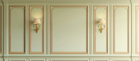 Elegant living room with sage walls, wood detailing, gold sconces.