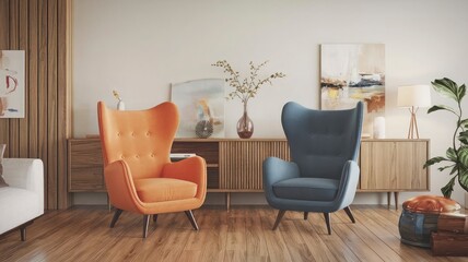 the living room of a home features a large painting by person.