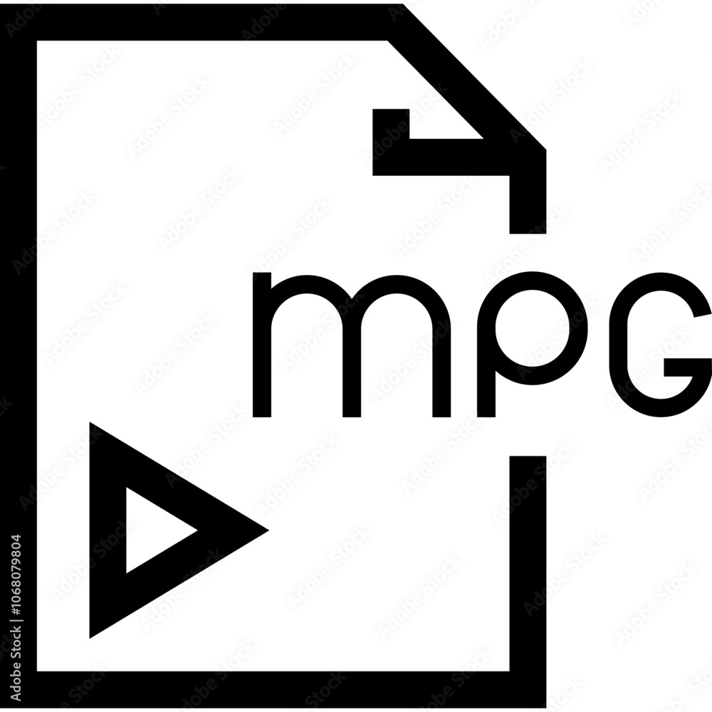 Poster simple black logo of mpg featuring a paper document and play button suggesting multimedia or video c