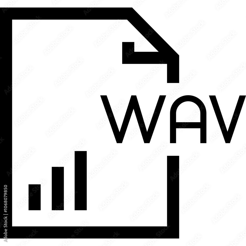 Poster black and white illustration of a wav file logo with sound wave indicators representing audio file f