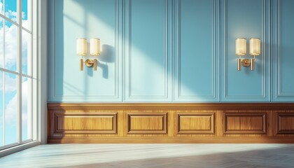 Photorealistic depiction of a classic interior with sky blue walls and stylish sconces.