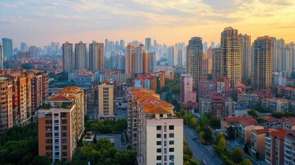 Obraz premium Urban Skyline at Sunrise in a Bustling City