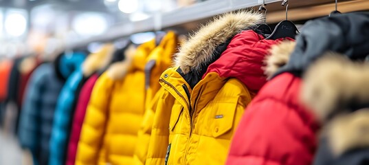 A collection of winter coats hanging in a bright and modern store, with copy space to the right