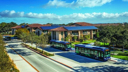 Bus Transit in Modern Urban Environment with Blue Sky