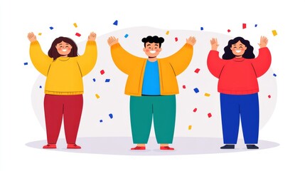 Fototapeta premium Three cheerful characters celebrating with raised arms and confetti.