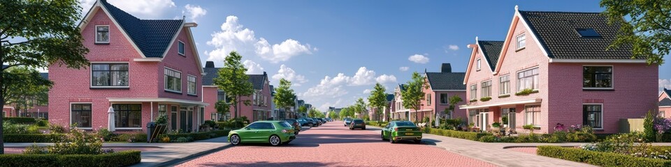 Obraz premium Sunny residential street in Netherlands, pink houses, green cars.