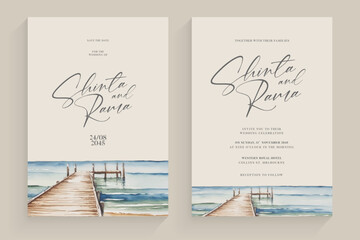 minimalist wedding invitation template with a serene beach setting