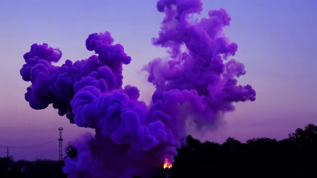 Camera cranes upward revealing purple smoke bombs exploding, creating ethereal plumes in moody twilight