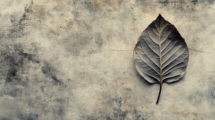 Leaf Skeleton on Textured Surface, intricate details of a single leaf's veins against a rich, tactile background, showcasing nature's artistry.