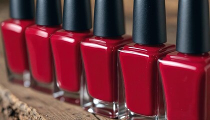 Glossy Cherry Red Nail Polishes on Rustic Wood