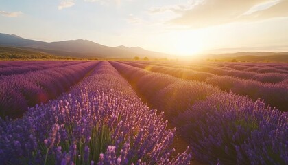 Fototapeta premium Lavender field at sunset with mountains in the background.