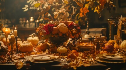 Naklejka premium Autumnal Table Setting with Pumpkins, Candles, and Dried Flowers