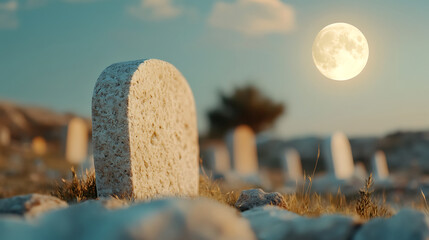 Mystical ancient graveyard under cloudy sky with super moon