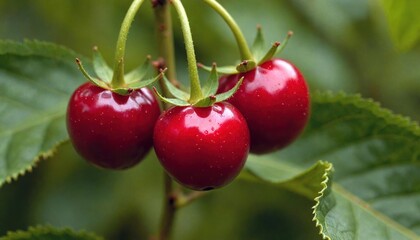 Glossy Cherry Red Berries on Green Vine