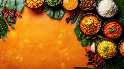 A traditional Onam food setup with sadhya rice on an orange background, perfect for banners, greeting cards, or posters celebrating Indian harvest festivals with copy space.