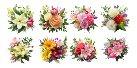 Colorful Flower Arrangements on Transparent Background