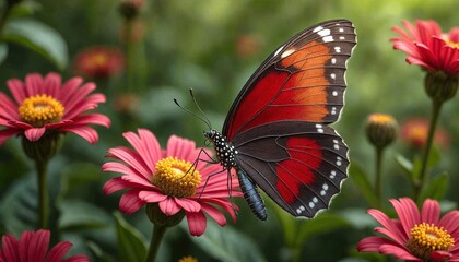 Naklejka premium Butterfly with Cherry Red Lips Among Flowers
