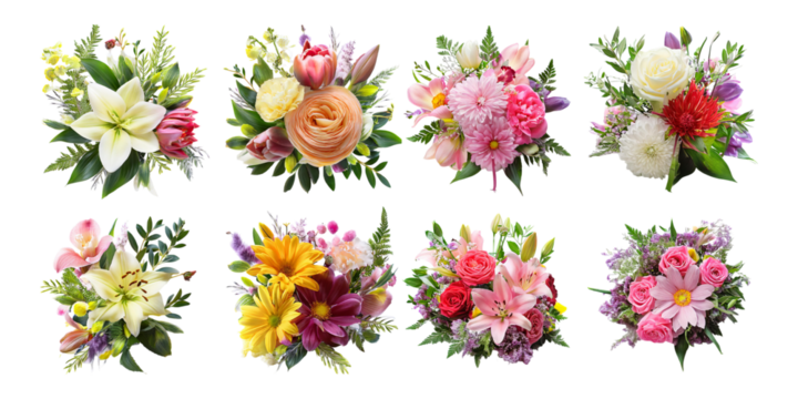 Colorful Flower Arrangements on Transparent Background
