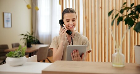 Phone call, spa and woman at reception with tablet checking website for online booking schedule....
