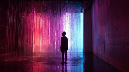 Experimental art project using unconventional materials like light, water, and sound to create an immersive environment