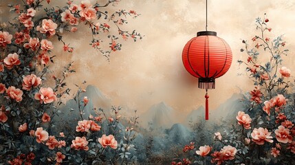 A traditional red lantern hanging on a floral background, representing cultural celebrations, perfect for holiday events, festivals, and invitations.