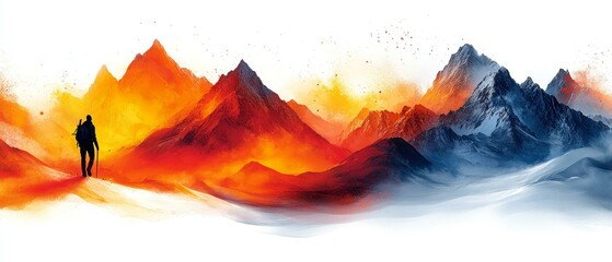 Mountain Expedition, Artwork of Hiker in Landscape Painting