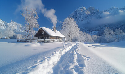 Naklejka premium A peaceful winter snow scenery with fresh snow covering the ground and trees, a comfortable cabin in the foreground, and footprints passing through the snow, with a distant mountain range in the backg