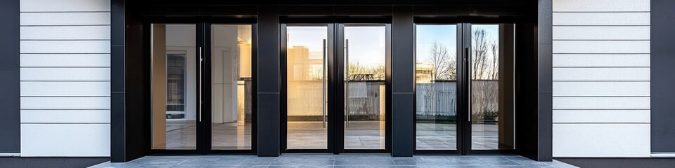 Elegant front entry with glossy black doors and a clean glass design.