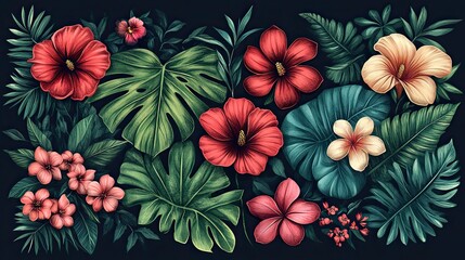 Fototapeta premium A tropical collection of exotic flowers and wild leaves, showcasing vibrant botany elements such as palm leaves and monstera in a stunning design.