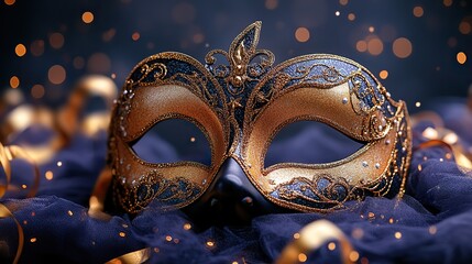 A Venetian mask with gold streamers on a dark purple background, symbolizing magic and mystery for a carnival.
