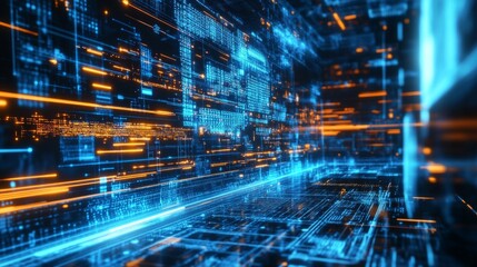 AI algorithm detecting patterns in big data visualized on a holographic screen.