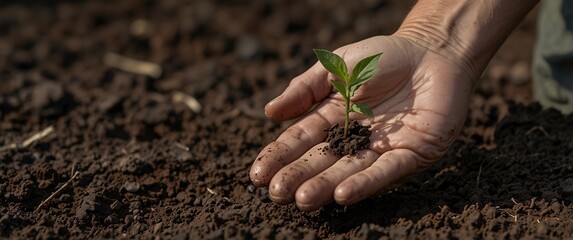 Fototapeta premium Nurturing New Growth: A farmer's hand gently cradles a fragile seedling, symbolizing hope, renewal, and the cycle of life. 