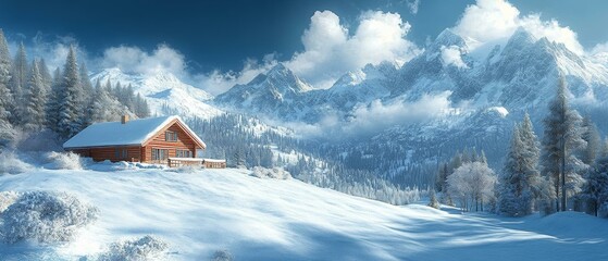 Winter Cabin Retreat, Snowy Mountain Landscape