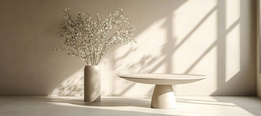 A contemporary side table with a vase of flowers on top, minimalist background with space for text