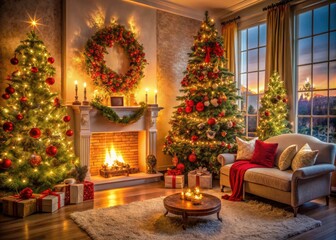 Fototapeta premium Cozy Christmas and New Year Decorated Interior Room with Warm Lighting, Festive Ornaments, and Traditional Holiday Elements for a Joyful Atmosphere