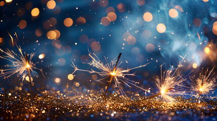 Happy New Year 2025, New Year's Eve firework silvester sparkler party celebration holiday greeting card with year - Gold fireworks, sparklers and golden bokeh lights on dark night sky ba
