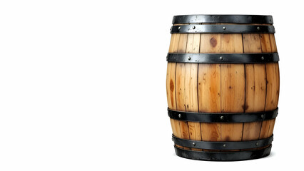 Obraz premium A traditional wooden barrel with black metal bands stands on a plain white backdrop.