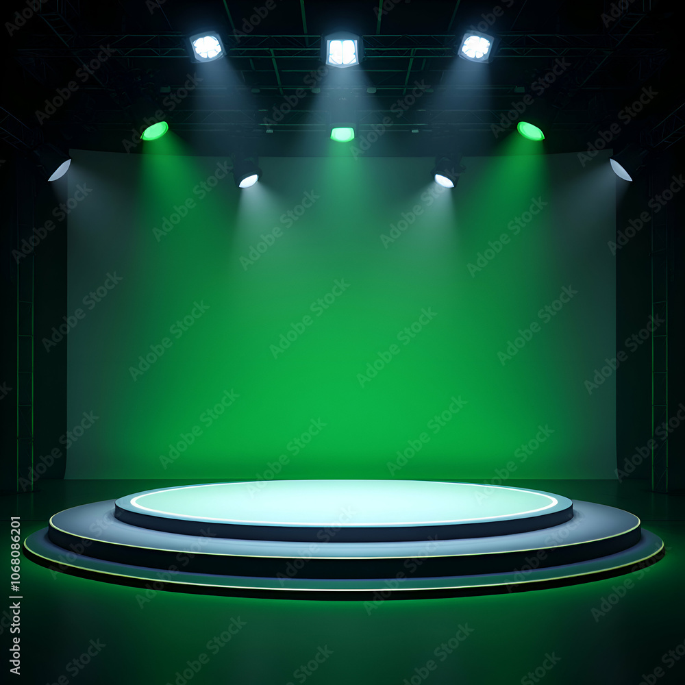 Poster empty stage with green screen backdrop and circular podium