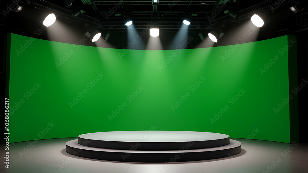 Poster a circular stage with two steps and a green screen background. the stage is illuminated with spotlig