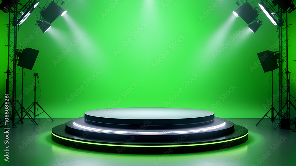 Poster green screen studio setup with circular platform and lighting