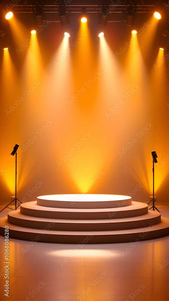 Poster empty stage illuminated by spotlights with circular platform