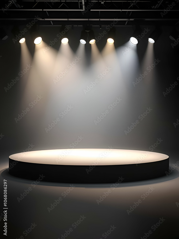 Poster A circular platform illuminated by spotlights against a dark backdrop, creating a dramatic stage setting for a presentation or performance.