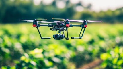 AI-driven agriculture represented by drones analyzing crop health.