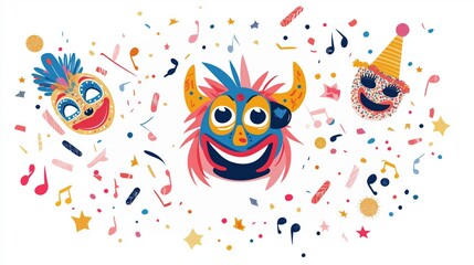 Fototapeta premium Happy Carnival, confetti and Carnival masks isolated on a white background, vector design