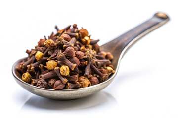 Obraz premium Dried spice clove aromatic flower buds in spoon, isolated on white background