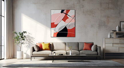Artistic Mock-Up of a Modern Living Room with a Simple Sofa and Abstract Wall Art in a Minimal Setting